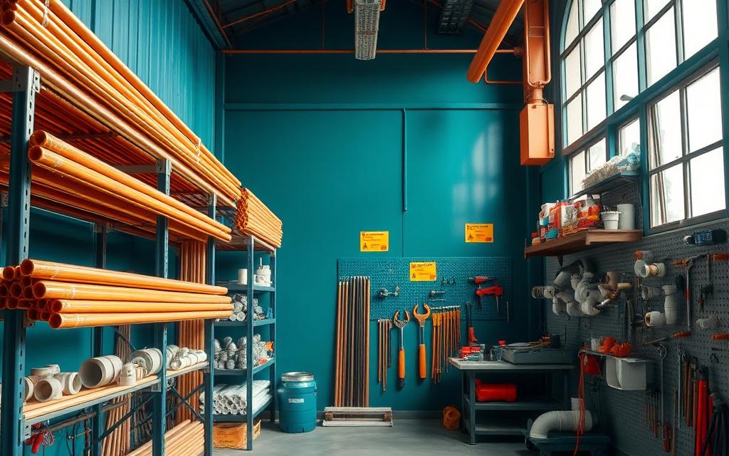 Inside the Boldtura workshop in Sentul KL, organised pipe stock on pegboard walls.