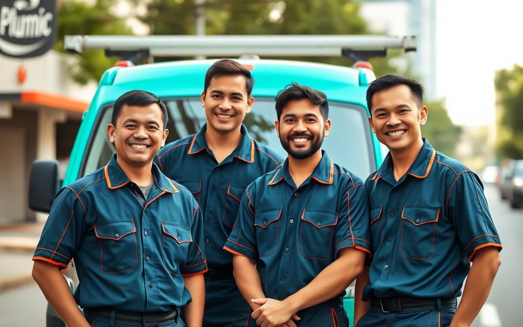 Boldtura crew of three plumbers smiling beside the service van in suburban KL.