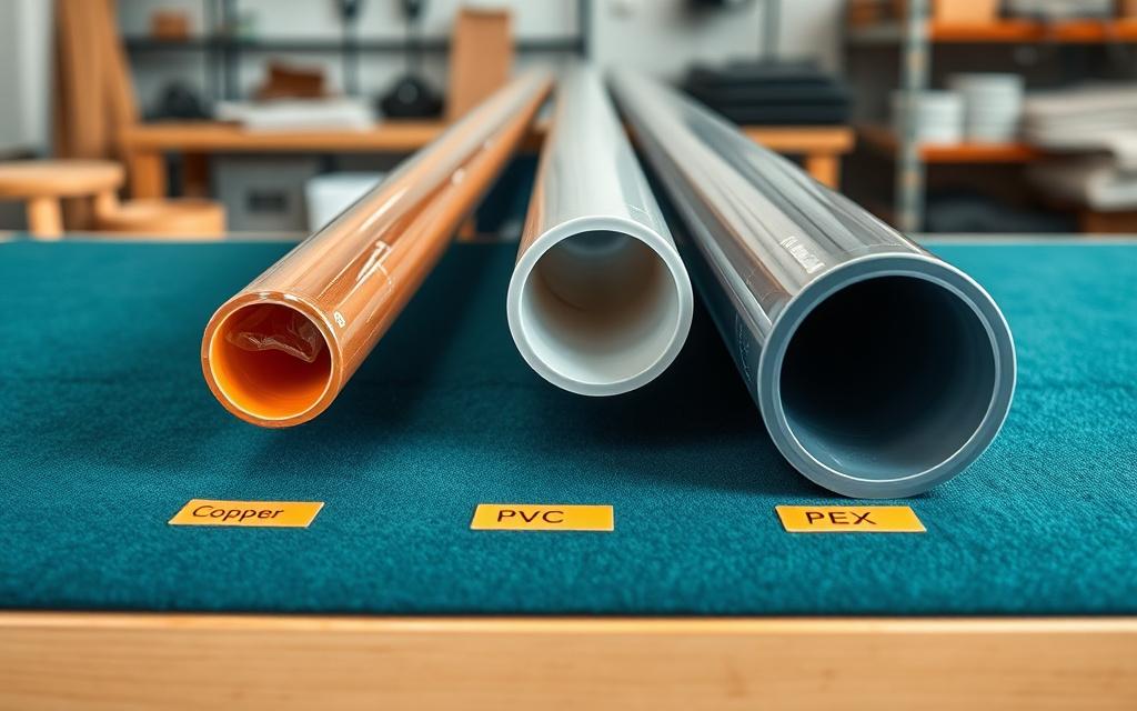 Copper PVC and PEX pipe samples laid on a workshop bench.