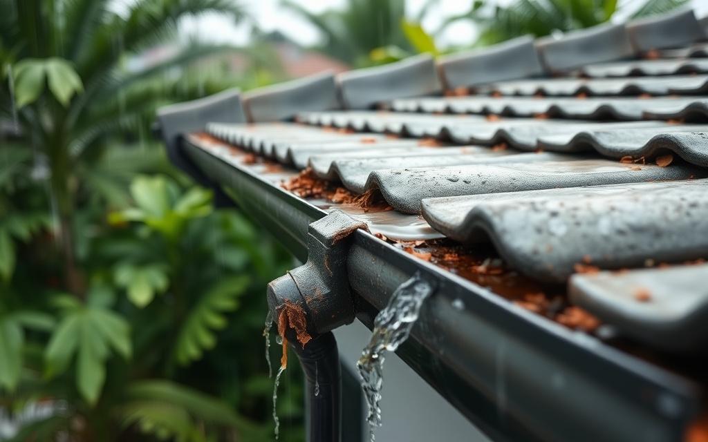 Tropical roof with clogged gutter during rainfall.