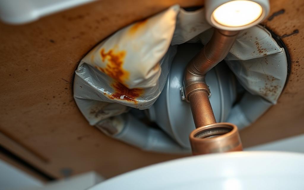 Ceiling-mounted storage water heater showing visible drip stains.