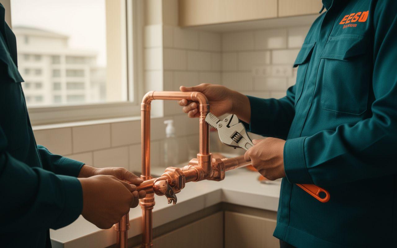 Boldtura plumber assembling a copper manifold inside a Kuala Lumpur kitchen.